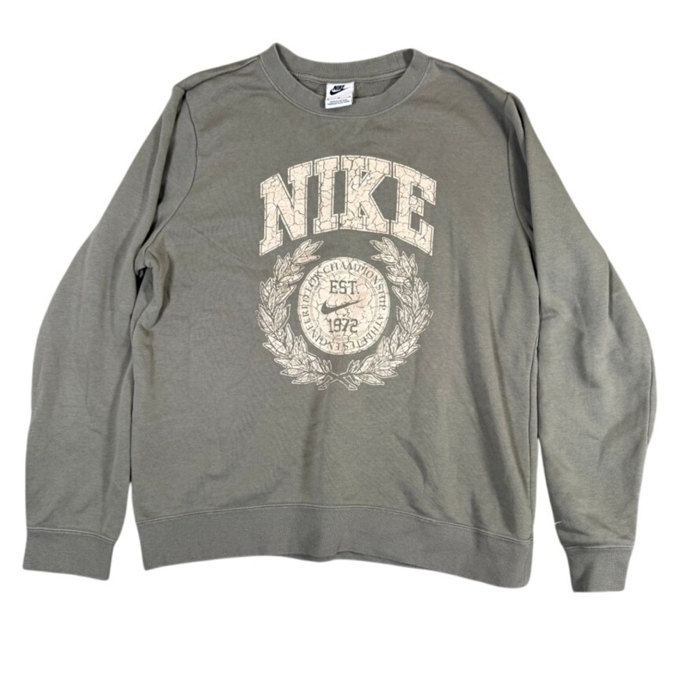 Nike Mens Medium Graphic Crewneck Sweatshirt Olive Green Est 1972 French Terry